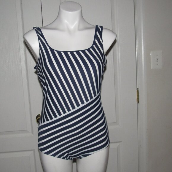 LANDS’ END One-Piece White Navy Stripe Nautical Swimsuit Size 12 - Picture 1 of 4